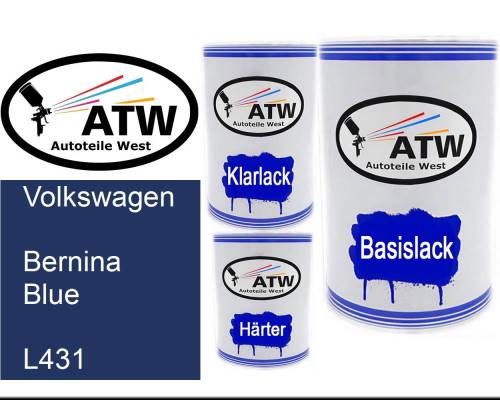 Volkswagen, Bernina Blue, L431: 500ml Lackdose + 500ml Klarlack + 250ml Härter - Set, von ATW Autoteile West.